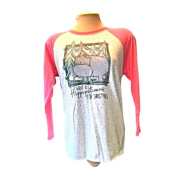 Next Level Apparel Christmas "Hippopotamus" Gray & Pink Graphic Jersey Size XS - Picture 1 of 6